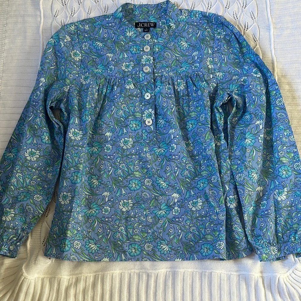 J. Crew Green Button Down Blouse with Mandarin Collar